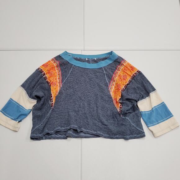 We the Free People Patchwork Raglan Shirt Womens Blue Striped Boho Cropped Tee - Picture 1 of 9